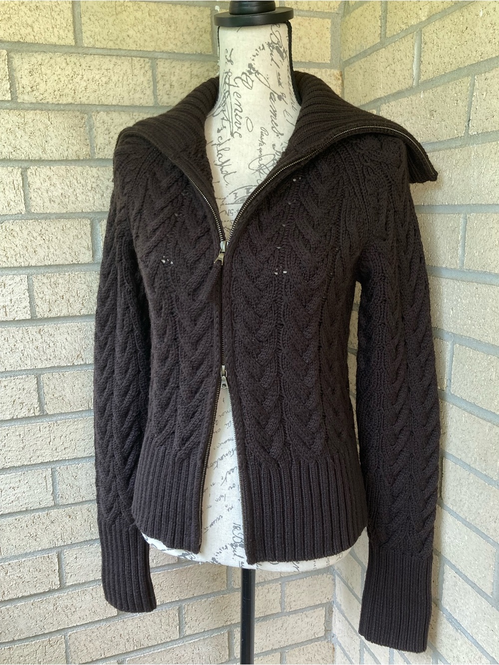 Theory Zipper Front Brown Wool Cable Knit Sweater Cardigan Shawl Collar Jacket